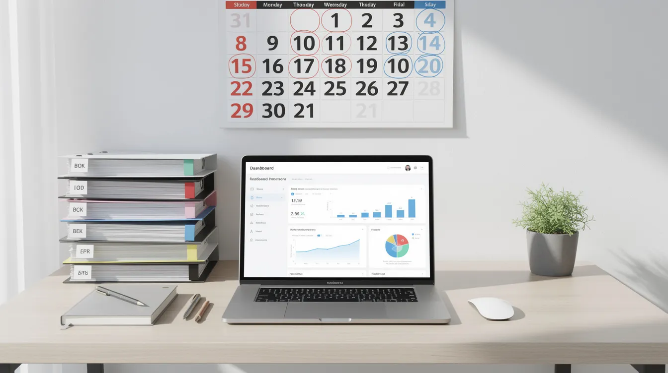 An organized office desk featuring a wall calendar, neatly stacked folders, and an open laptop displaying a business dashboard, suggesting a focus on managing sales tax returns and payment deadlines.