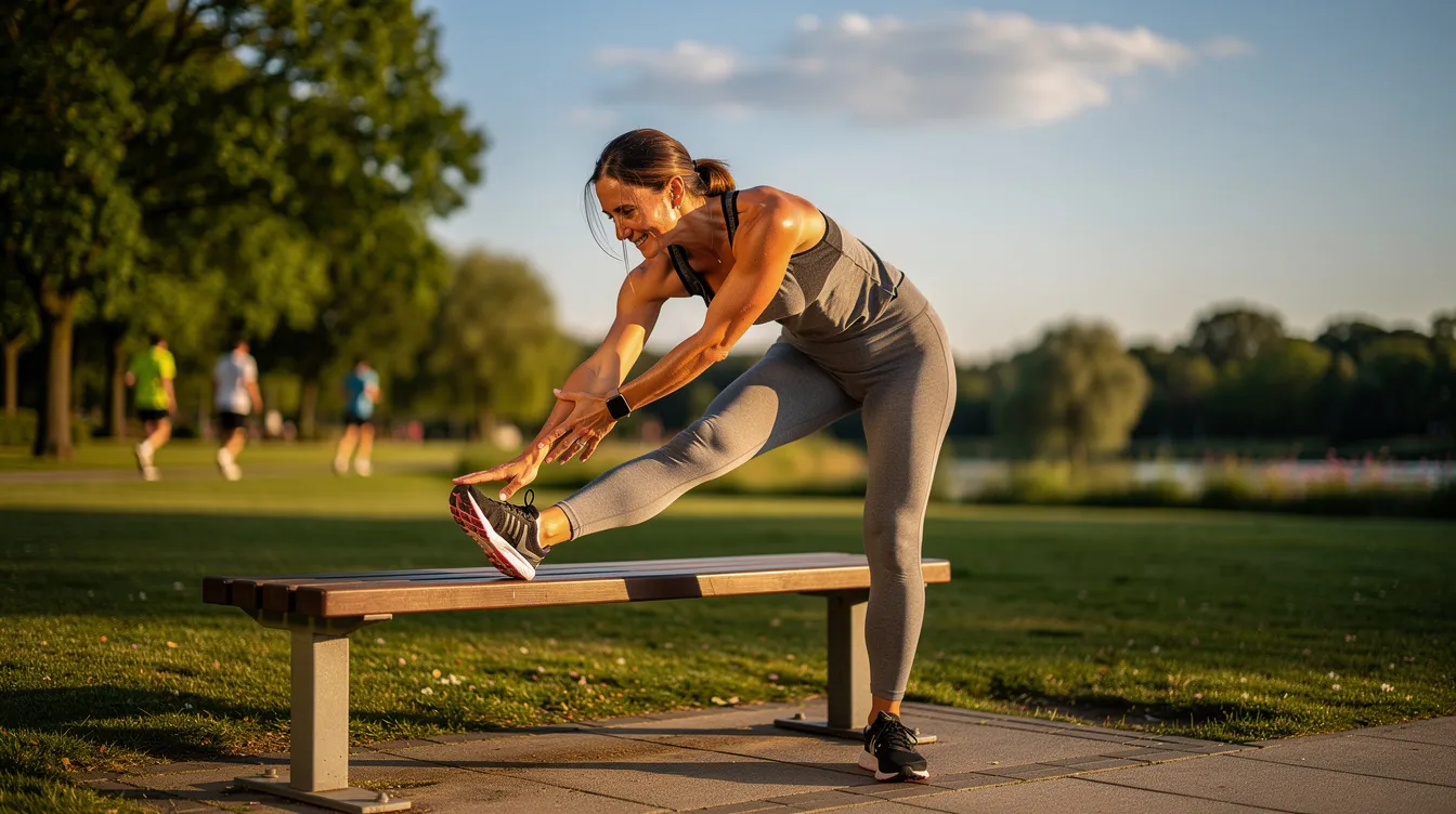 A woman in her 40s is stretching outdoors in athletic wear on a sunny morning, embodying a healthy lifestyle that promotes overall vitality and metabolic health. This scene reflects the importance of regular exercise and stress management, especially for women experiencing menopausal symptoms and hormonal shifts.