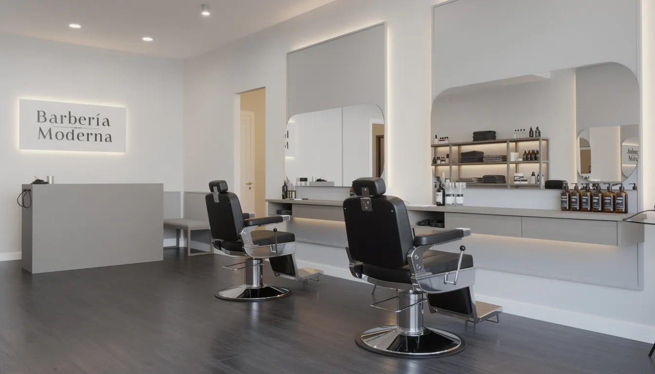 Interior de una barbería moderna que presenta sillones de cuero elegantes y grandes espejos que reflejan el ambiente estilizado. Este salón de belleza es un espacio ideal para que los barberos ofrezcan cortes de pelo y barba de calidad, atrayendo a clientes a través de estrategias de marketing en redes sociales como Instagram.