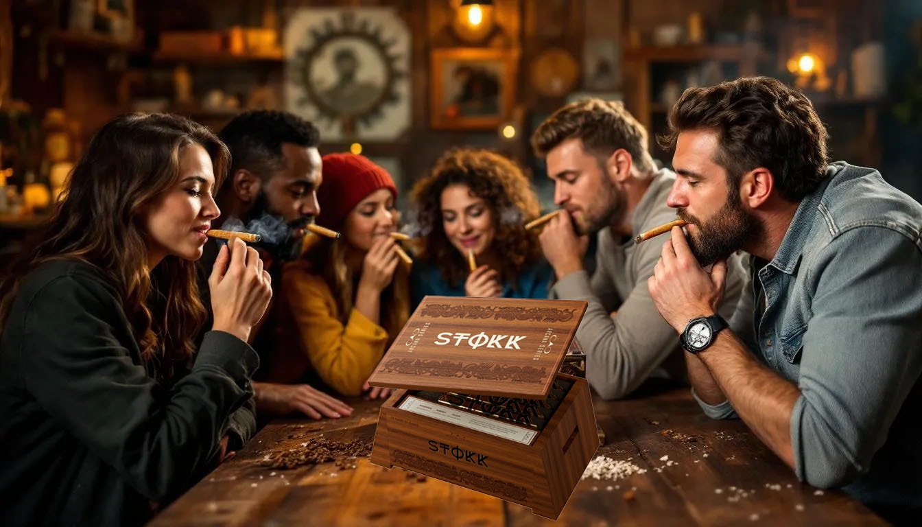 A group of enthusiastic people gathers around a beautifully designed Cao Arcana Stokk box, celebrating the rich flavors of the arcana thunder smoke. The scene captures their excitement as they discuss the premium cigars inside, highlighting the unique blend of filler tobacco and the sweet notes of cocoa and black pepper.