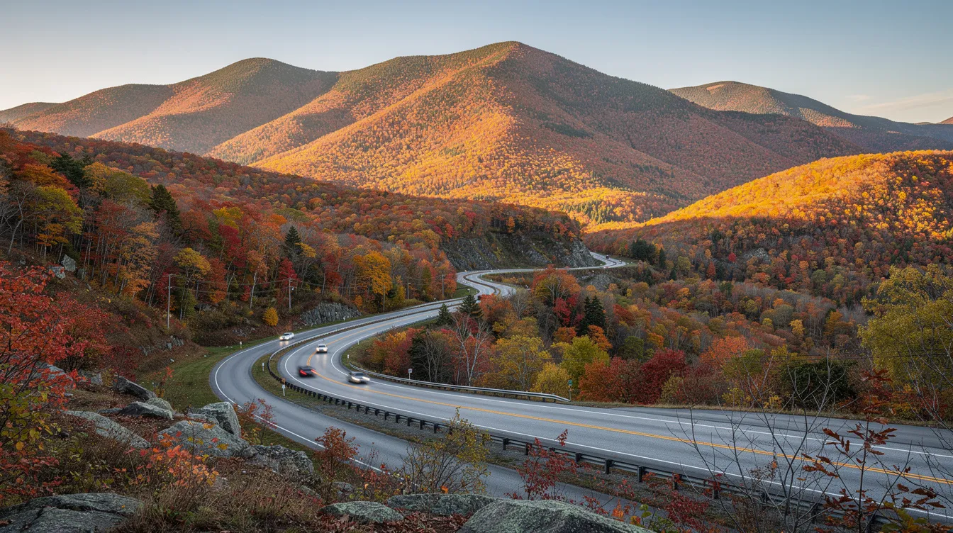 The image depicts a scenic mountain landscape in New Hampshire, featuring a winding highway that cuts through the lush greenery and majestic peaks. This picturesque view highlights the beauty of New Hampshire, making it an ideal location for auto transport services, including car shipping and vehicle transport.