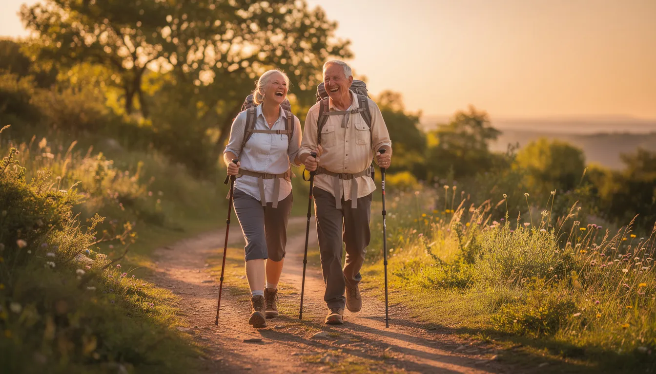 An active older couple is hiking along a nature trail during golden hour, smiling and enjoying the outdoors together, embodying the spirit of healthy aging and promoting longevity through their active lifestyle. Their joyful experience highlights the importance of cardiovascular health and overall well-being in supporting healthy aging.