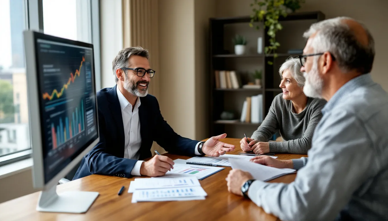 A professional retirement planning advisor is meeting with a couple to review important documents and charts related to their financial plan, discussing strategies for retirement savings and investment solutions to achieve their retirement goals. The setting emphasizes personalized guidance and planning tools for effective asset allocation and financial freedom.