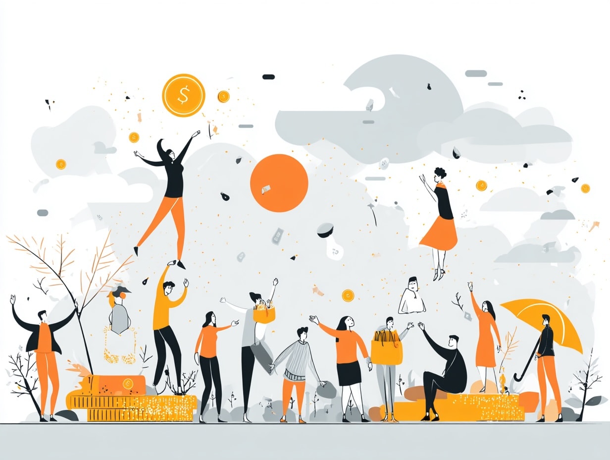 An uplifting image illustrating the benefits of an abundance mindset, with people celebrating and sharing resources.