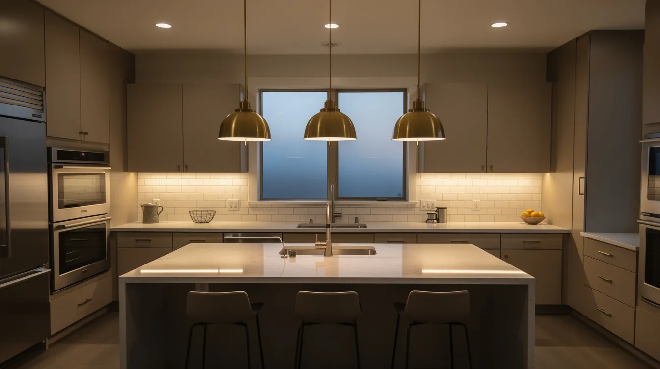 The image depicts a modern kitchen at dusk, featuring layered lighting with under-cabinet LED strips, dimmable ceiling spots, and a trio of stylish brass pendant lights over a sleek kitchen island. This contemporary design showcases a harmonious blend of natural materials and minimalist aesthetics, creating an inviting atmosphere for social gatherings.