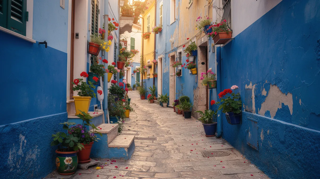 Callejuela estrecha de Chefchaouen con paredes azules y macetas de flores de colores.
