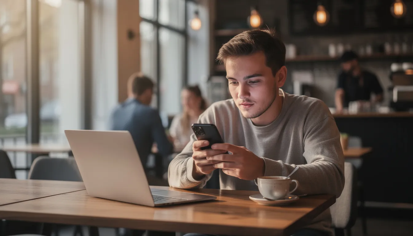 En person sitter i ett café och använder en smartphone, djupt fokuserad på skärmen. Det verkar som om de är engagerade i online-spel eller betting, kanske hos betway, med ett stort utbud av spel och erbjudanden.