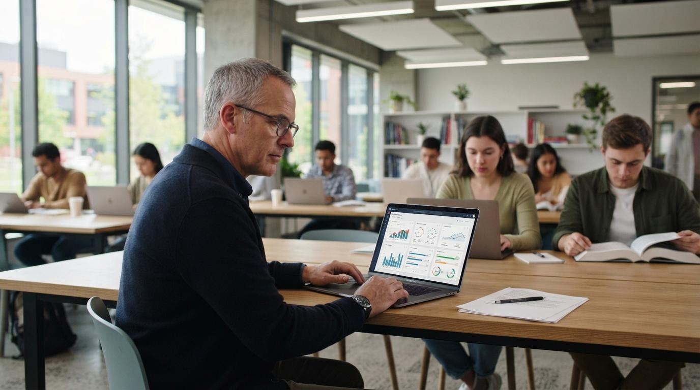Photorealistic university professor reviewing student learning progress on a laptop while students study independently in a modern classroom, emphasizing data-driven education and learning analytics.