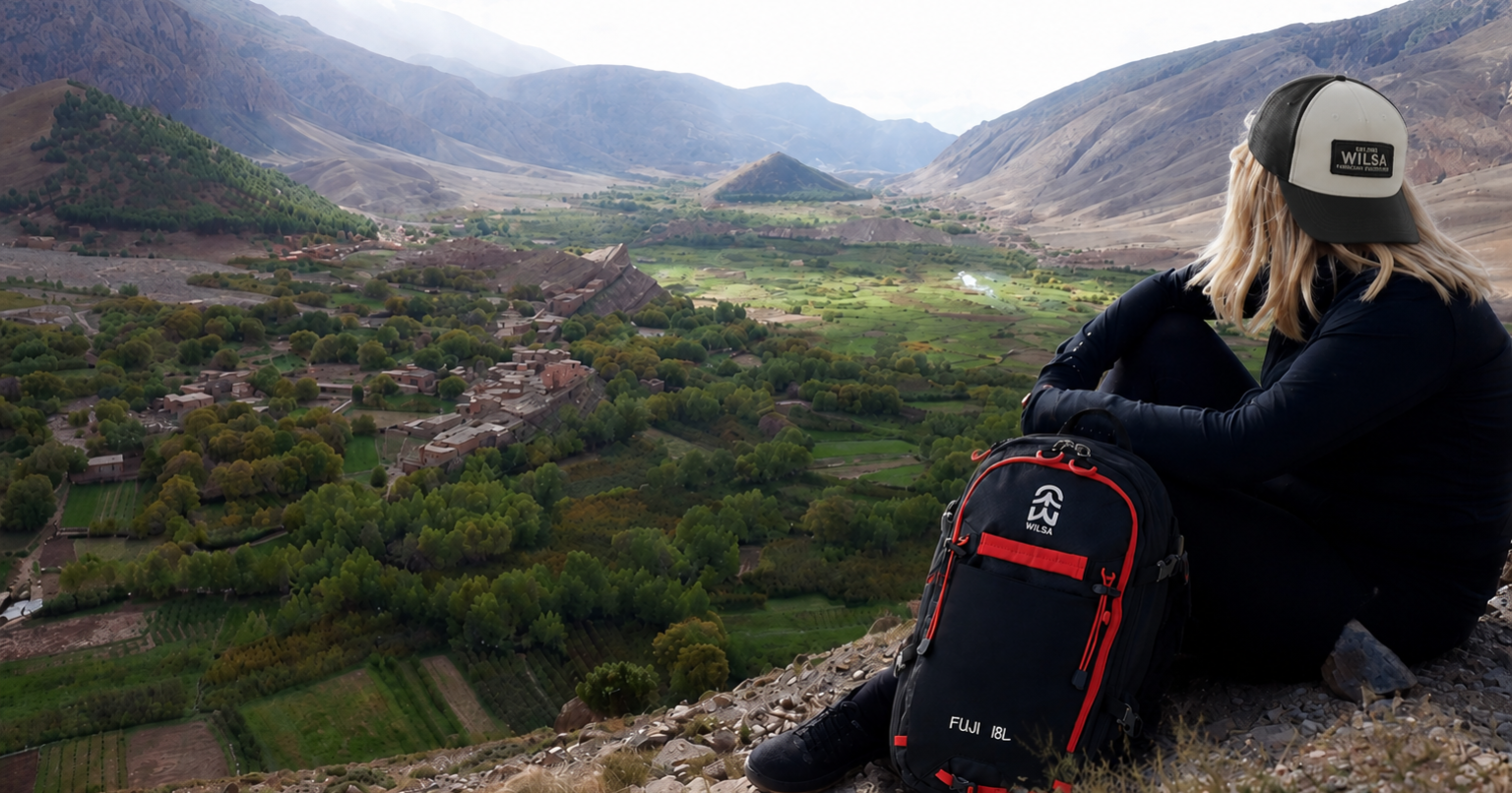 Randonneuse portant une casquette Wilsa et un sac à dos Fuji 18L face à la vallée de Aït Bougmez
