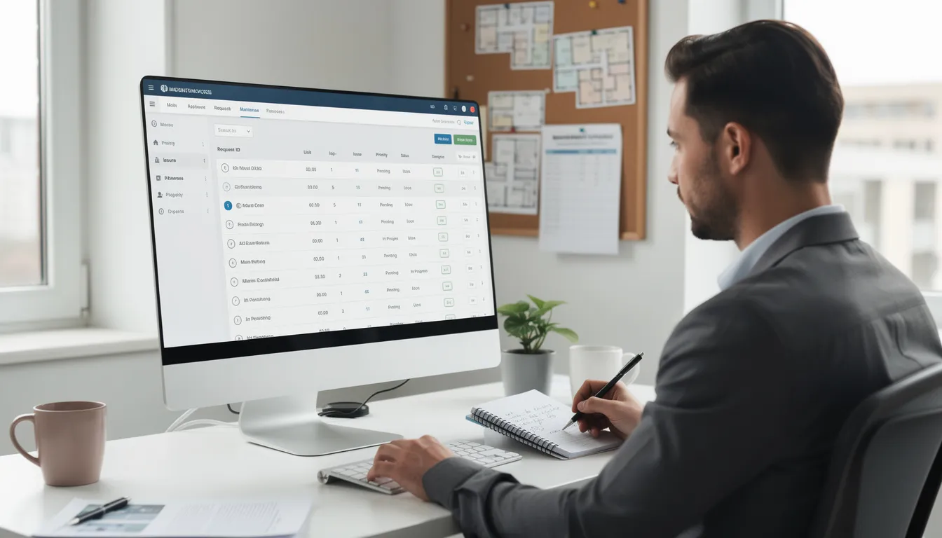 The image shows a property manager focused on a computer screen, reviewing maintenance requests and managing property details, highlighting the importance of efficient property management in the real estate industry. This scene reflects the integration of AI tools and technology in enhancing operational efficiency for real estate professionals.