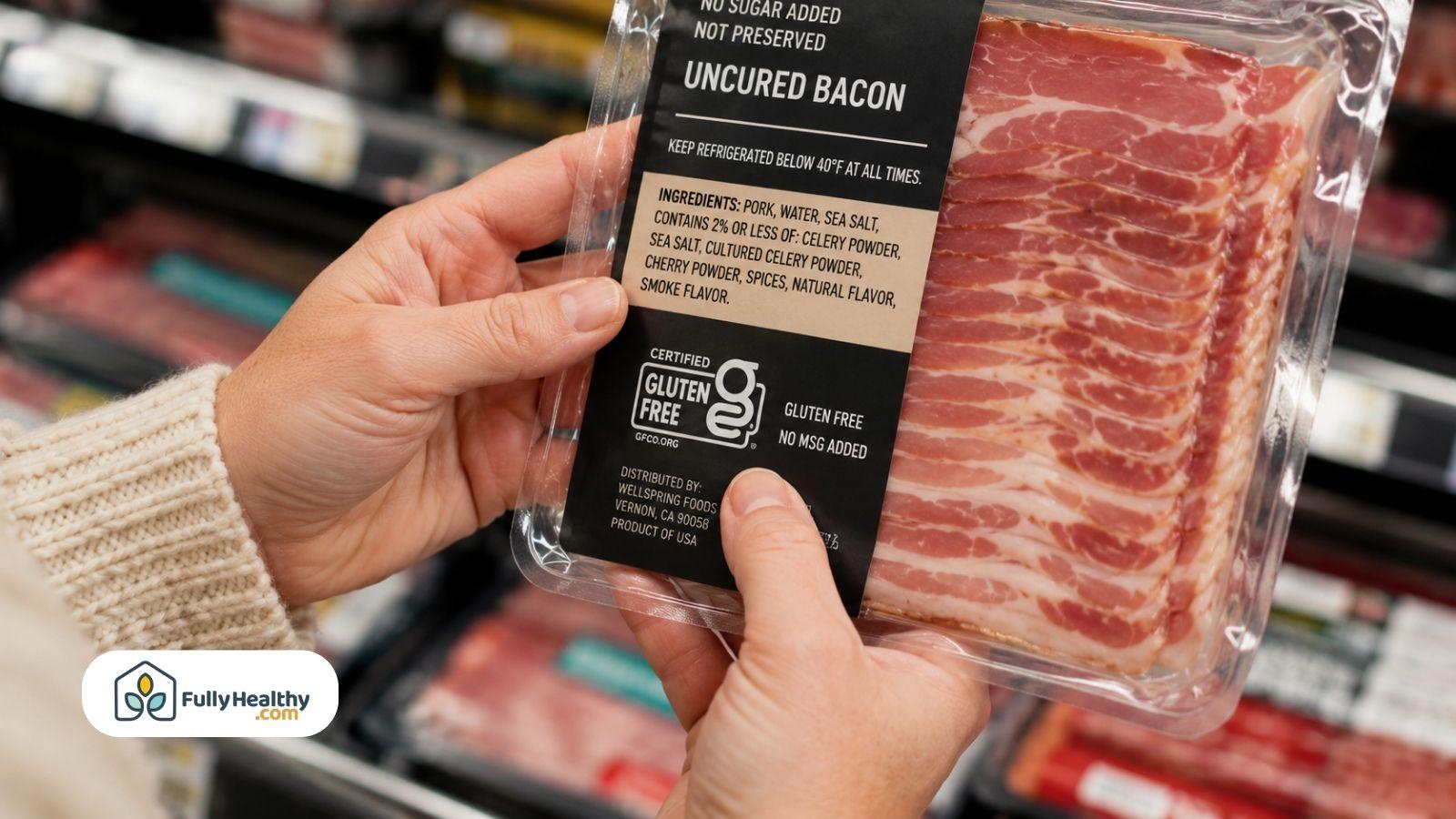 Person checking certified gluten free bacon label while shopping in grocery store