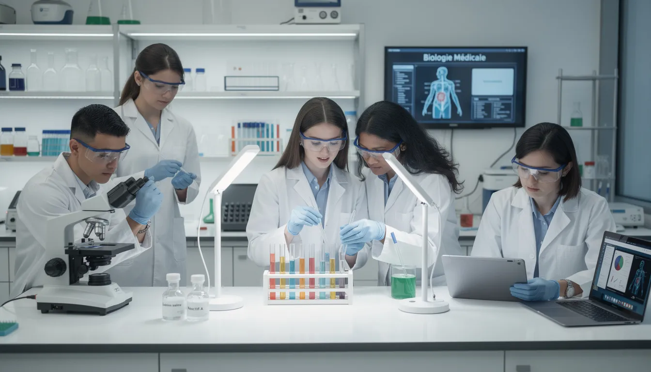 L'image montre des étudiants en médecine travaillant dans un laboratoire moderne, entourés d'équipements scientifiques avancés. Ce cadre dynamique illustre l'enseignement supérieur en Hongrie, notamment à l'université de Szeged, où des étudiants internationaux se préparent à leur carrière dans le domaine de la santé.