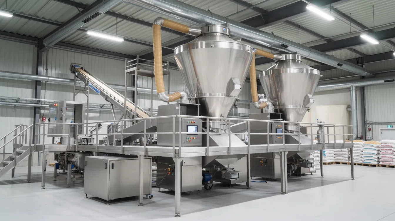f87ff812 43b9 4e43 ba8e d4d43445fe06 The image depicts industrial grain milling machinery within a food processing factory, showcasing metal hoppers and conveyor systems designed for producing high-quality besan, or gram flour. This setup is essential for a besan mill plant, highlighting the efficiency and scale of operations in the flour production process.
