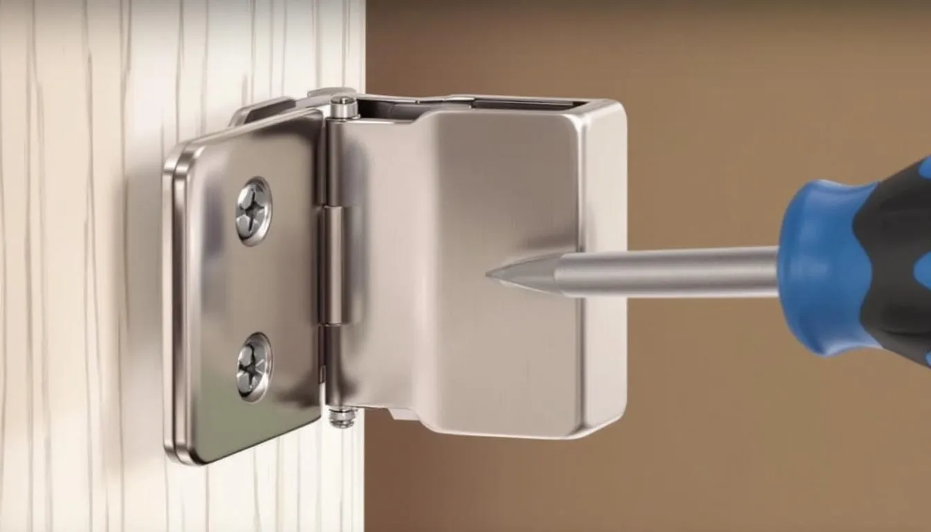 A close-up of a door hinge being adjusted to fix a door that won't stay open.