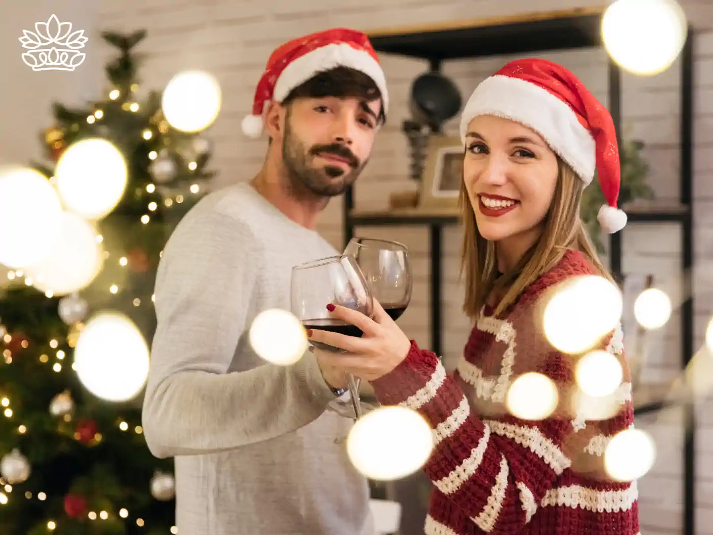 A couple in Santa hats toasting with wine glasses, surrounded by festive lights and a beautifully decorated tree, symbolizing holiday cheer. Part of the Festive Season Flowers Collection. Delivered with Heart by Fabulous Flowers and Gifts.