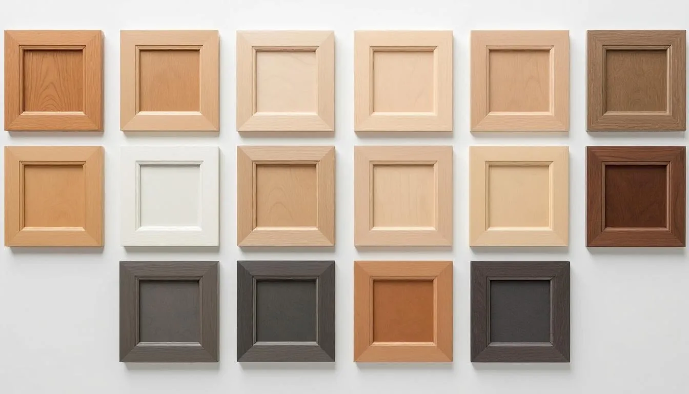 Different materials for shaker cabinets displayed together.