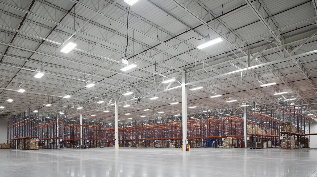 The image depicts a spacious commercial warehouse brightly lit by modern LED high-bay lighting fixtures, showcasing the efficiency and effectiveness of contemporary electrical systems. This well-illuminated environment highlights the importance of quality commercial electrical services in enhancing safety and productivity within large commercial buildings.