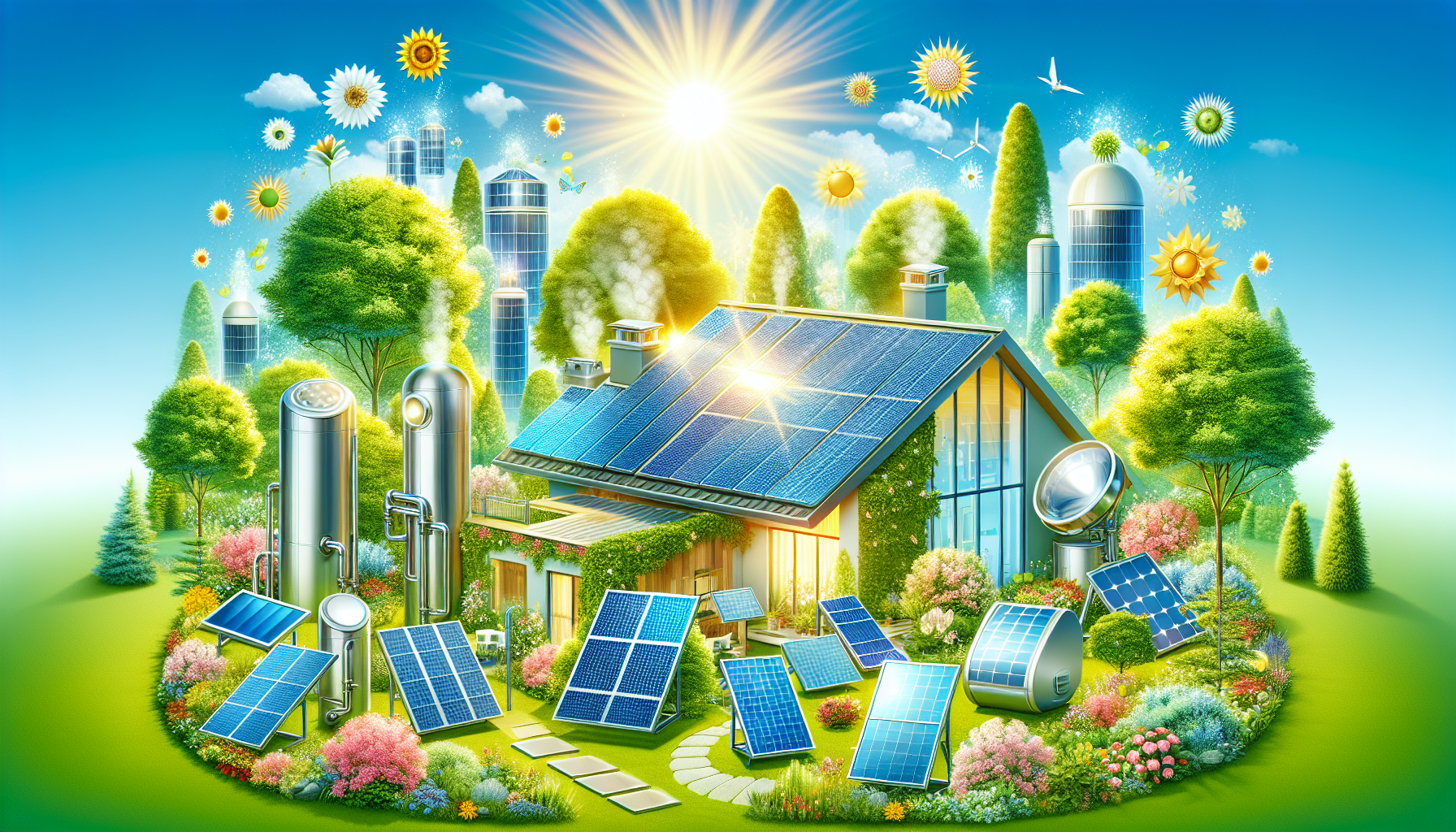 An illustration of solar hot water systems, highlighting solar panels and collectors.