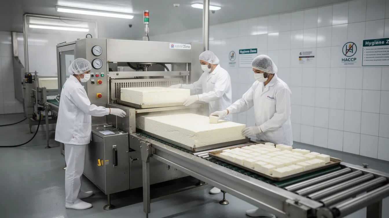 The image depicts workers in white uniforms diligently operating a paneer pressing and cutting line within a food-grade factory, showcasing the paneer manufacturing process. The scene highlights the use of specialized equipment, such as the paneer press machine and paneer cutting machine, essential for efficient production in the Indian dairy industry.
