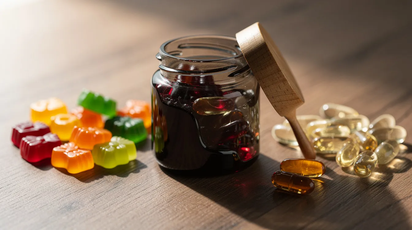 The image features various forms of shilajit supplements, including a dark resin in a jar, translucent capsules, and colorful gummies, all arranged neatly on a wooden surface. This display highlights the diversity of shilajit products, showcasing options for boosting vitality and energy in a visually appealing manner.