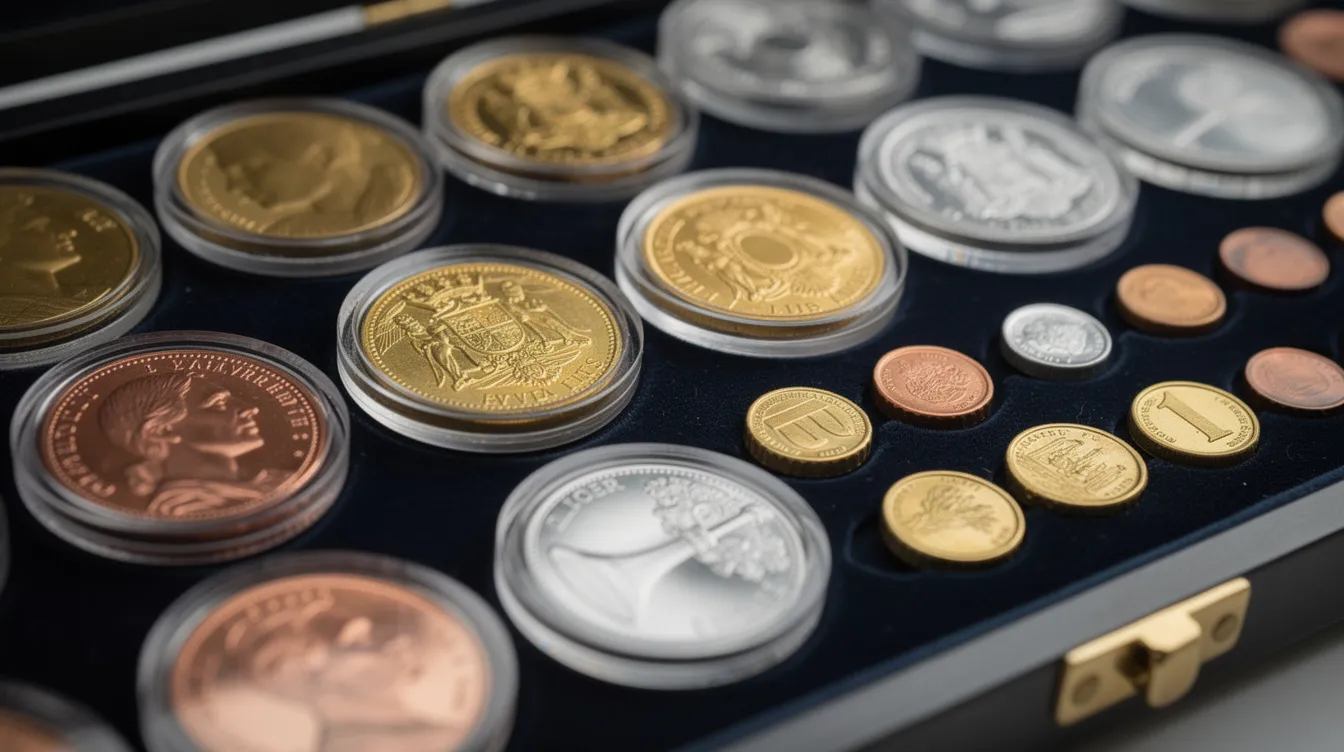 The image features a collection of gold, silver, and copper coins neatly arranged in protective capsules on a collector's tray, showcasing the beauty and value of these precious metals. This display highlights the importance of understanding current gold and silver prices for informed investment decisions.