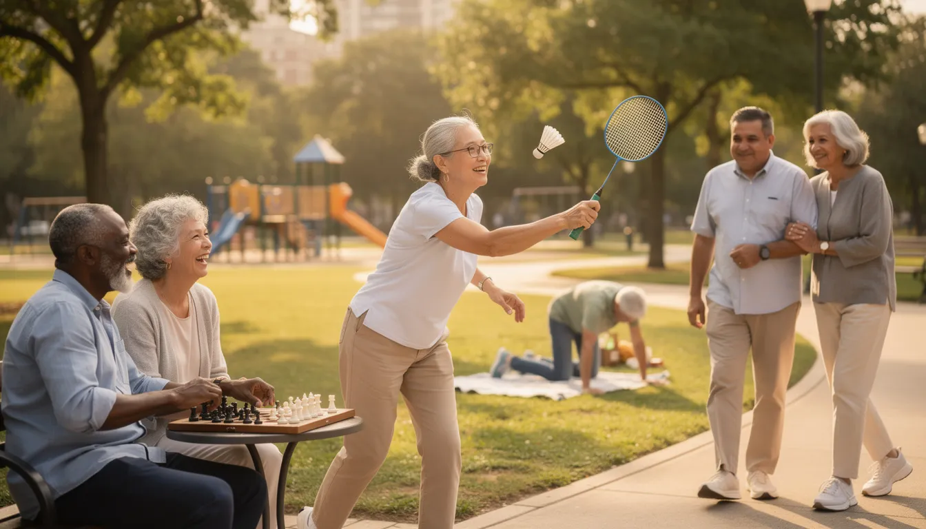 A diverse group of seniors is enjoying various outdoor activities together in a park, showcasing the joy of companionship during retirement years. This scene reflects the importance of staying active and engaged in the community as part of a secure retirement plan.