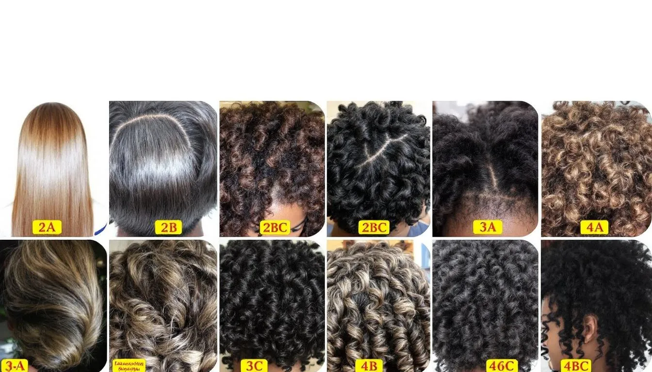 L'image présente une comparaison visuelle des différents types de boucles de cheveux, allant de 2A à 4C, illustrant les variations de texture et de volume. Chaque type est identifié par son nom, mettant en avant les caractéristiques uniques des cheveux ondulés et bouclés, ainsi que des conseils pour sublimer vos boucles avec les bons soins et produits.