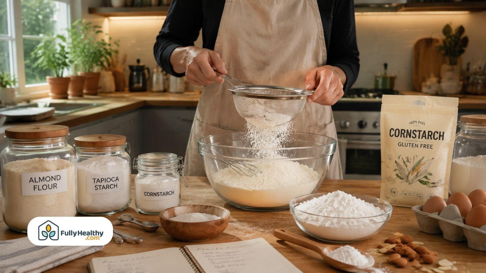 Person sifting gluten free cornstarch with baking ingredients on a kitchen counter