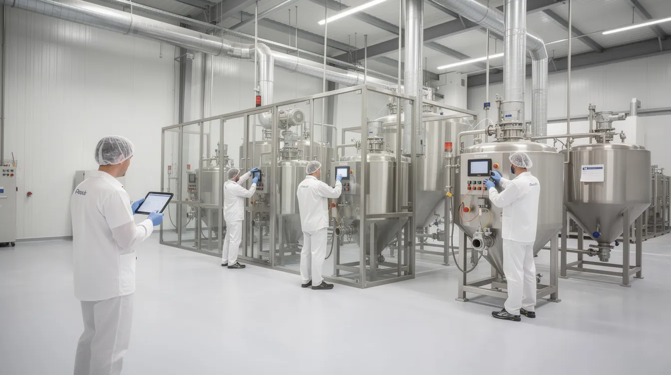 In a modern flour blending factory, workers are inspecting stainless steel food processing equipment designed for high efficiency in the milling process. The equipment, essential for producing various types of flour including wheat flour and specialty flours, showcases advanced features for reliable operation and continuous production.