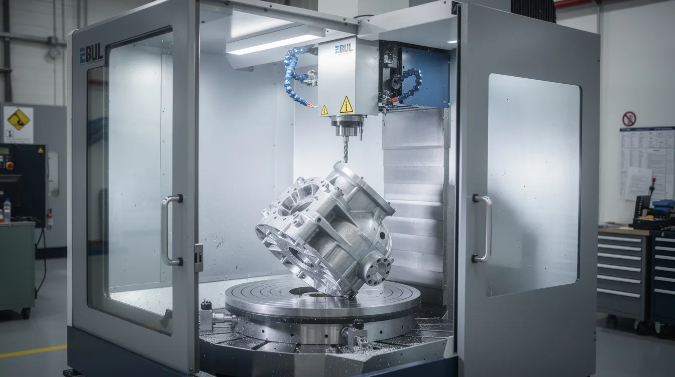 The image features a five-axis CNC machining center with a complex titanium aerospace part securely fixtured on a rotary table, showcasing advanced precision metal manufacturing capabilities. This setup highlights the excellence in engineering and operations essential for producing high-quality aerospace and defense components.
