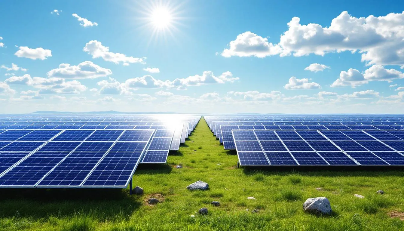 Une ferme solaire moderne est visible, avec des panneaux photovoltaïques s'étendant sur un vaste terrain sous un ciel bleu clair. Cette installation symbolise l'engagement envers l'énergie solaire et les énergies renouvelables au Québec.