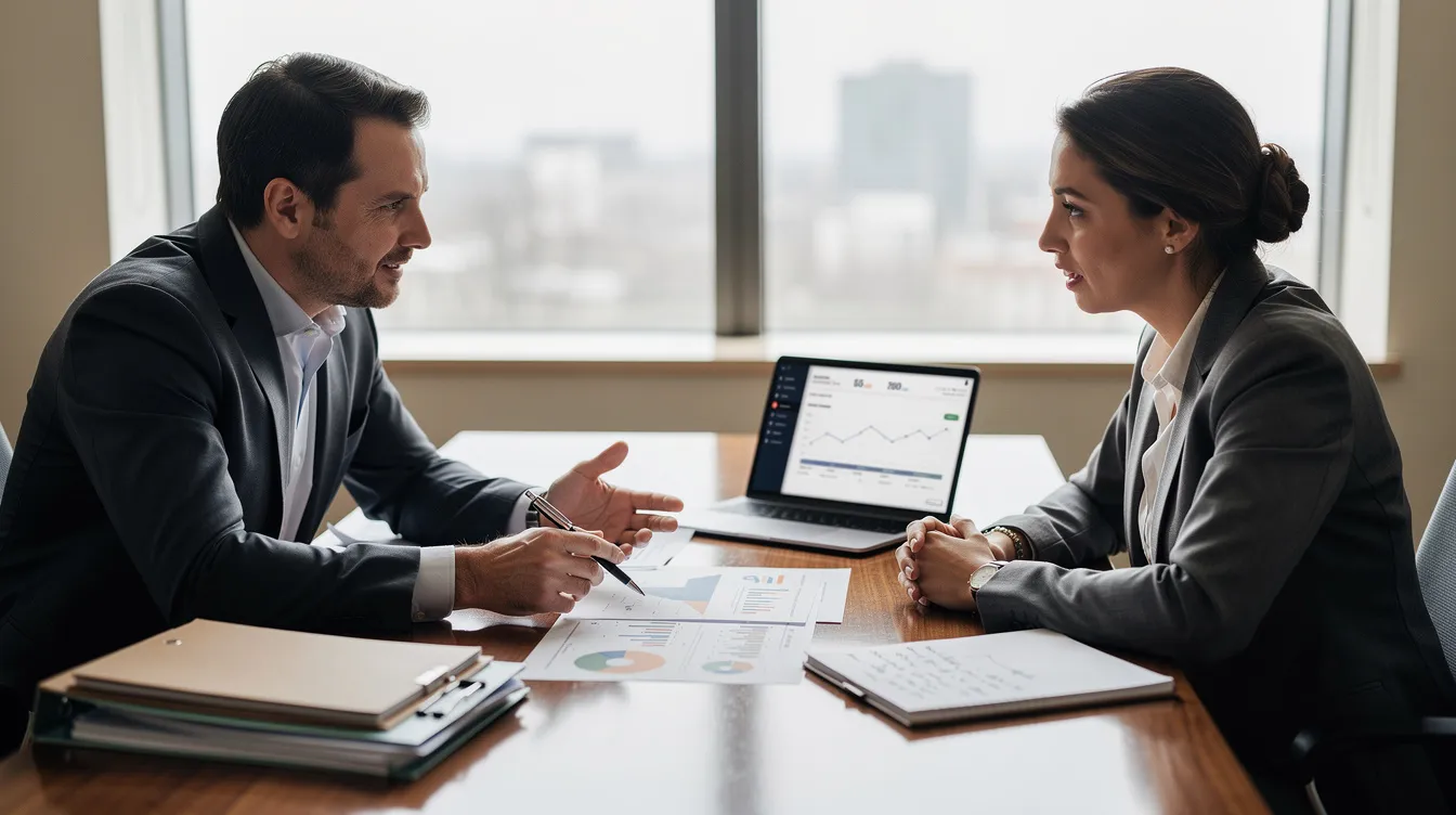 f895f447 6706 490a a8b9 2bc3f1089201 The image depicts a professional advisor engaged in a discussion with a small business owner, reviewing important documents across a table. This interaction likely involves topics related to financial assistance, such as mudra loans and eligibility criteria for small enterprises looking to expand their operations.