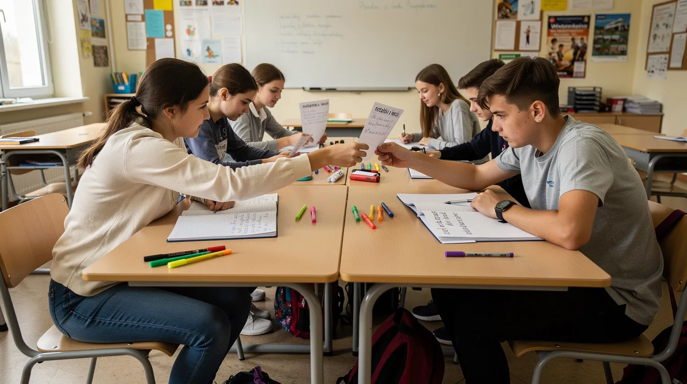 Na obrazku widać uczni&oacute;w pracujących w parach nad zadaniem, wymieniających się kartkami z notatkami. Taki spos&oacute;b pracy sprzyja ocenianiu kształtującemu, ponieważ uczniowie mogą wzajemnie przekazywać sobie informacje i wspierać się w procesie uczenia.