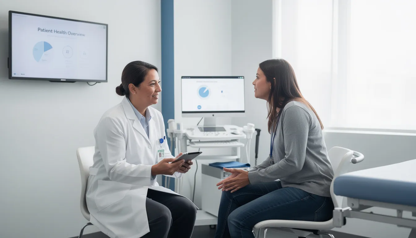 A medical professional is consulting with a patient in a modern clinical setting, discussing various types of stem cells, such as embryonic stem cells and adult stem cells, and their potential for treating diseases through stem cell therapy and regenerative medicine. The atmosphere is professional and supportive, emphasizing the importance of informed patient care.