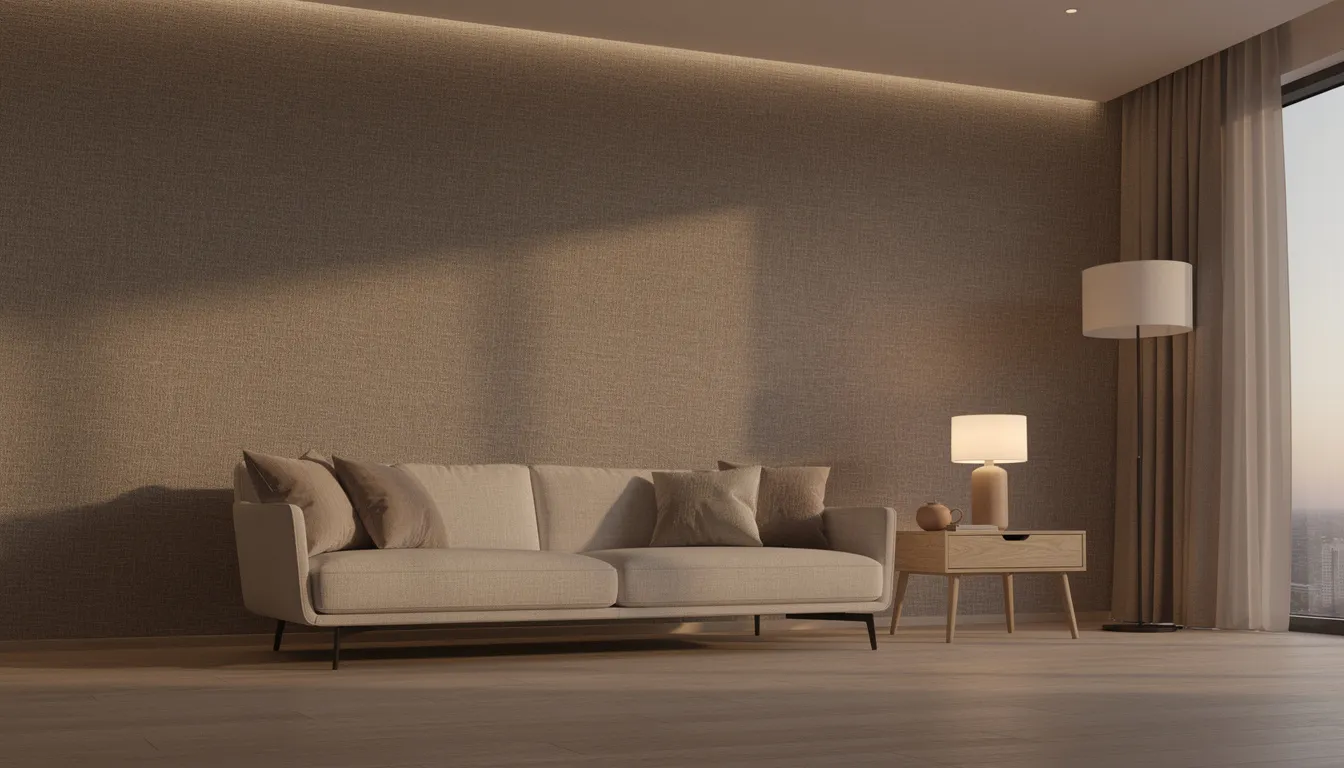 Een moderne woonkamer met subtiele textiel wandbekleding in warme taupe tinten achter een designbank, verlicht door zachte sfeerverlichting. De ruimte bevat een houten bijzettafel, wat bijdraagt aan de luxe uitstraling en de warme sfeer van het interieur.