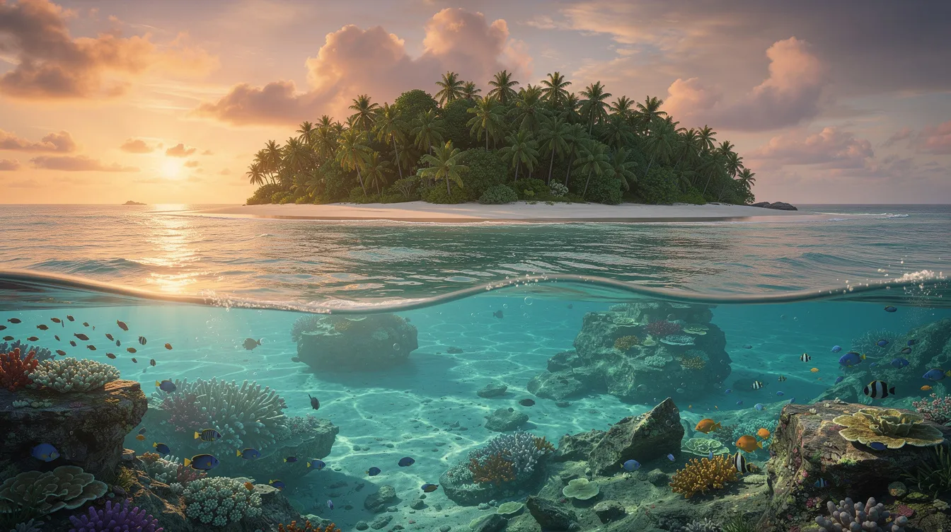 A imagem mostra uma deslumbrante ilha de coral na Tailândia, com águas cristalinas e vida marinha vibrante, cercada por praias de areia branca. Ao fundo, é possível ver o pôr do sol refletindo nas montanhas, criando um cenário perfeito para turistas que buscam relaxar e explorar o turismo na região.