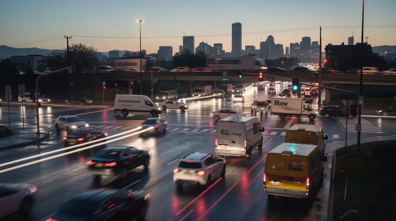 The image depicts a busy highway intersection at dusk, filled with various vehicles including cars and delivery vans, highlighting the potential for car accidents and truck accidents. In this bustling scene, the presence of multiple parties increases the risk of personal injury claims and property damage claims, making it essential for drivers to remain cautious and attentive.