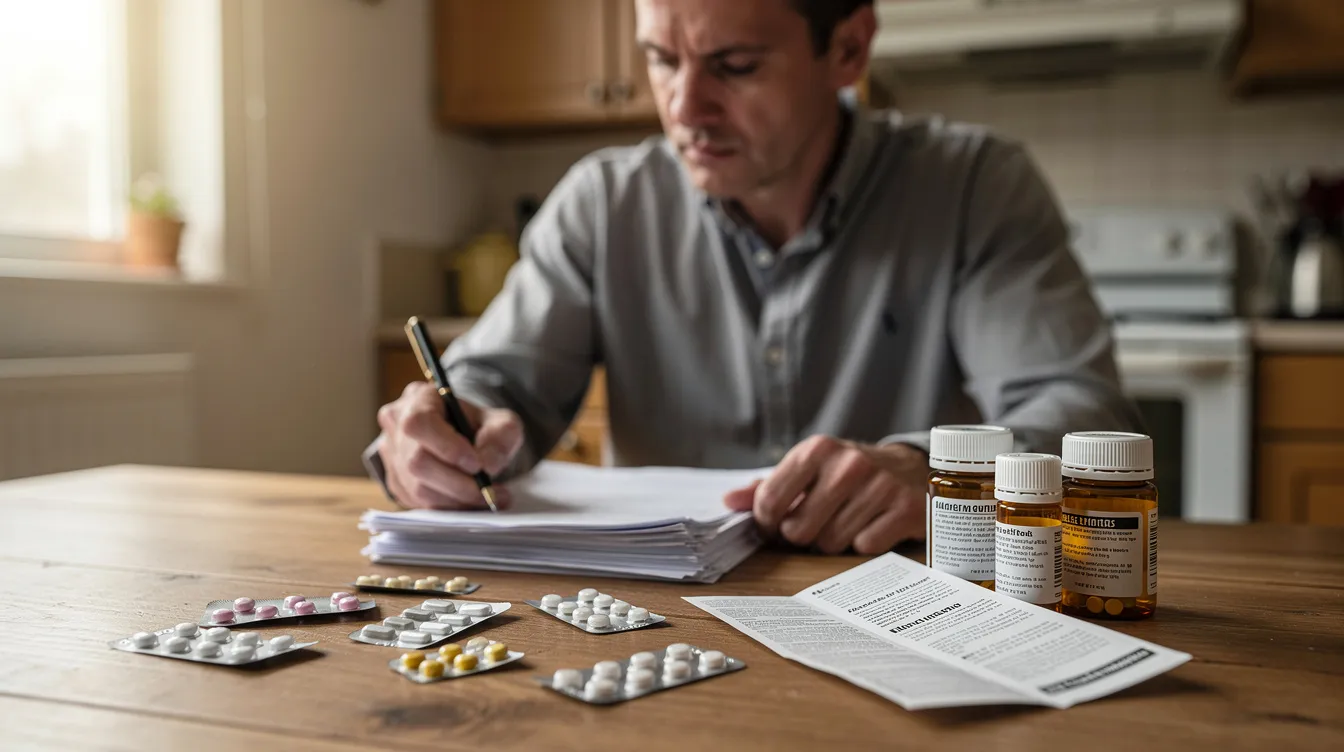A person is seated at a kitchen table, reviewing paperwork related to weight loss medications, with various medication packaging nearby. The scene suggests a focus on healthcare provider consultations and insurance coverage options for chronic weight management.