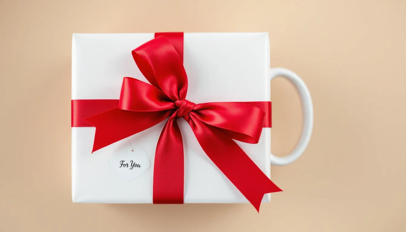 Na zdjęciu znajduje się elegancko zapakowany kubek prezentowy z kokardą, idealny na Dzień Taty. Kubek ma personalizowany napis, co czyni go wyjątkowym upominkiem, który może stać się ulubionym kubkiem do porannej kawy lub herbaty.