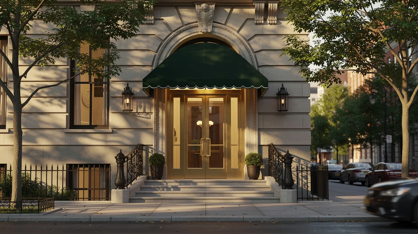 The image depicts an elegant pre-war apartment building entrance adorned with a canopy, situated on a tree-lined residential street in the Upper East Side. This sophisticated setting reflects the charm and luxury of the neighborhood, known for its proximity to Central Park and cultural landmarks like the Metropolitan Museum.