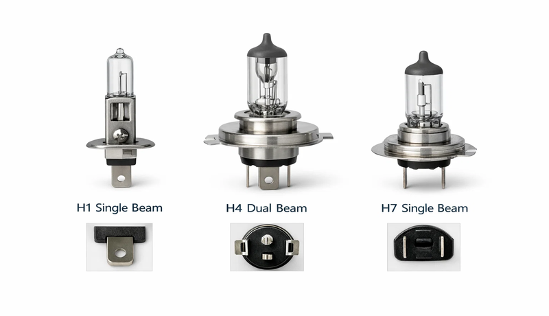 Comparison of H1, H4, and H7 bulbs showing beam type and connector pins for vehicles