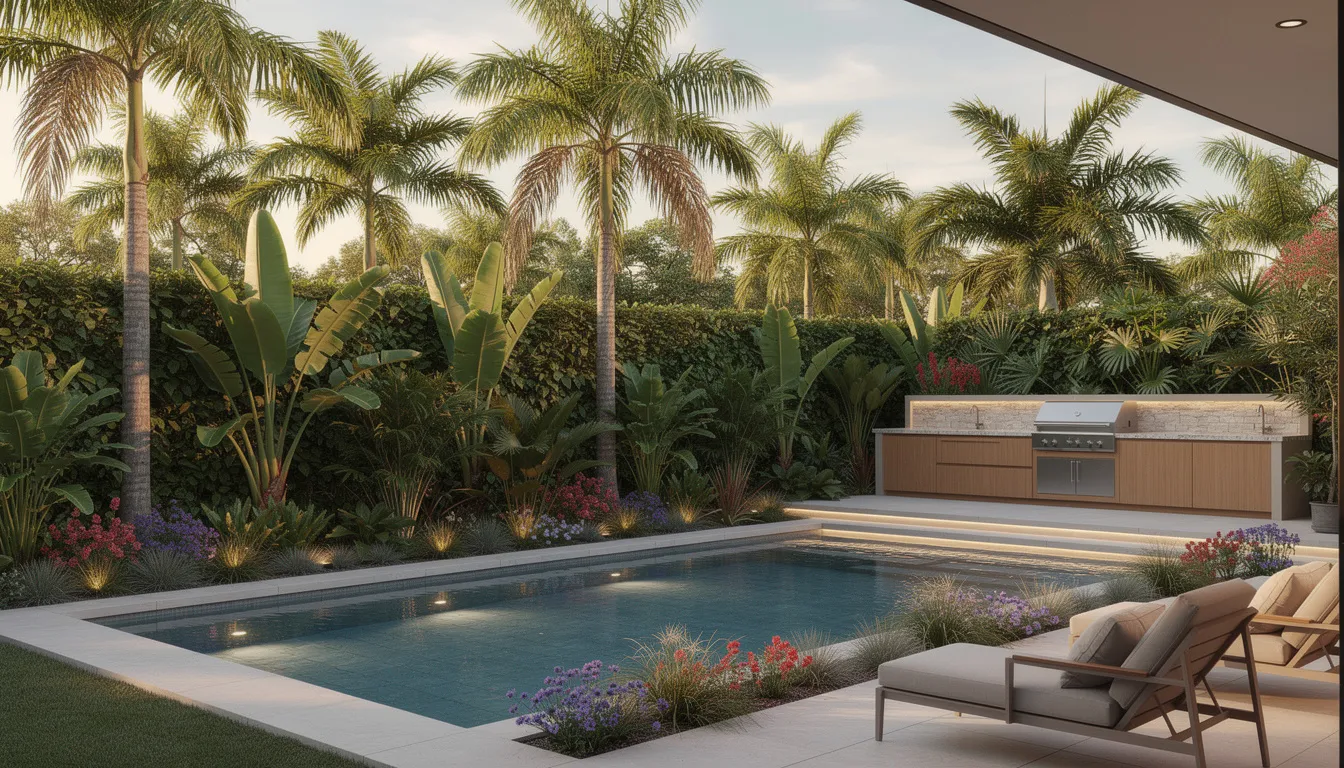 The image depicts a stunning outdoor living space featuring a modern swimming pool surrounded by lush tropical landscaping, which provides natural beauty and privacy. An outdoor kitchen with a grill island is integrated into the design, creating a functional outdoor living area perfect for entertaining guests.
