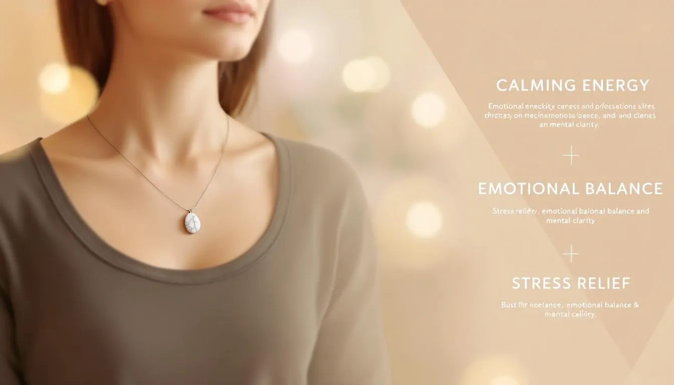 The image showcases a striking blue howlite bead necklace, known for its natural quality and vibrant color. This piece is believed to absorb negative energy and promote inner tranquility, making it a stylish choice for those seeking relaxation and balance in their emotions.