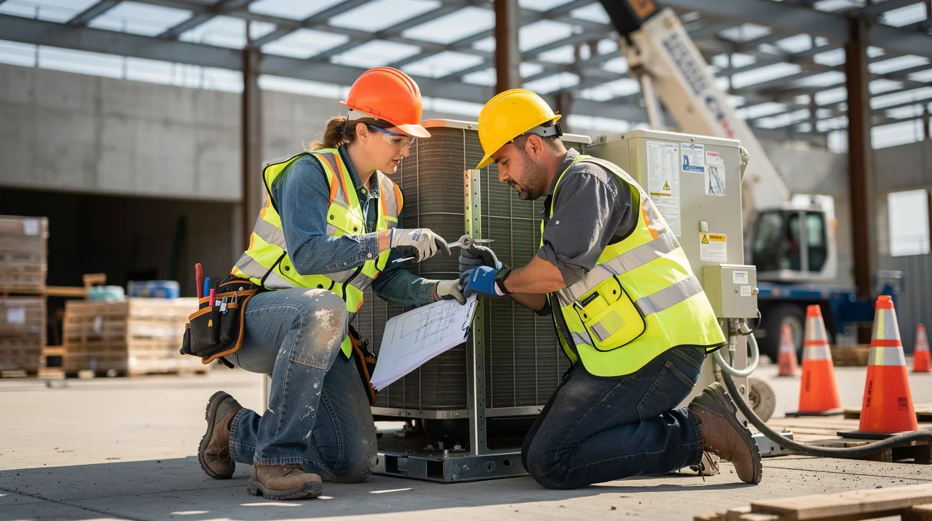 Two construction workers are collaborating on the installation of equipment at a commercial job site, showcasing teamwork and communication vital in the construction industry. This scene emphasizes the importance of workforce development and training for future growth in construction projects.