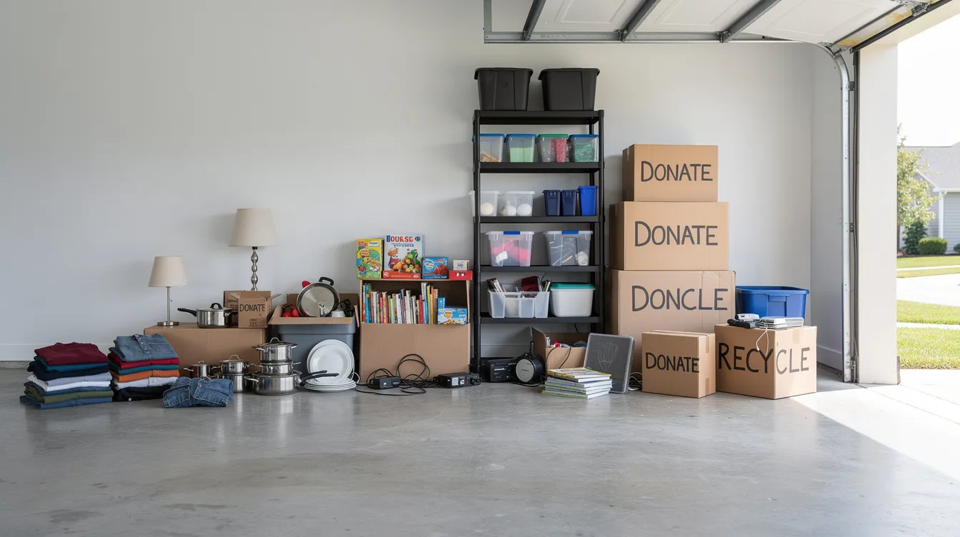 The image shows a clean garage filled with assorted household items and boxes neatly organized for donation and recycling, reflecting a commitment to responsible disposal and clutter-free living. This setup highlights the importance of junk removal services in keeping Lake Forest clean and supporting local charities.