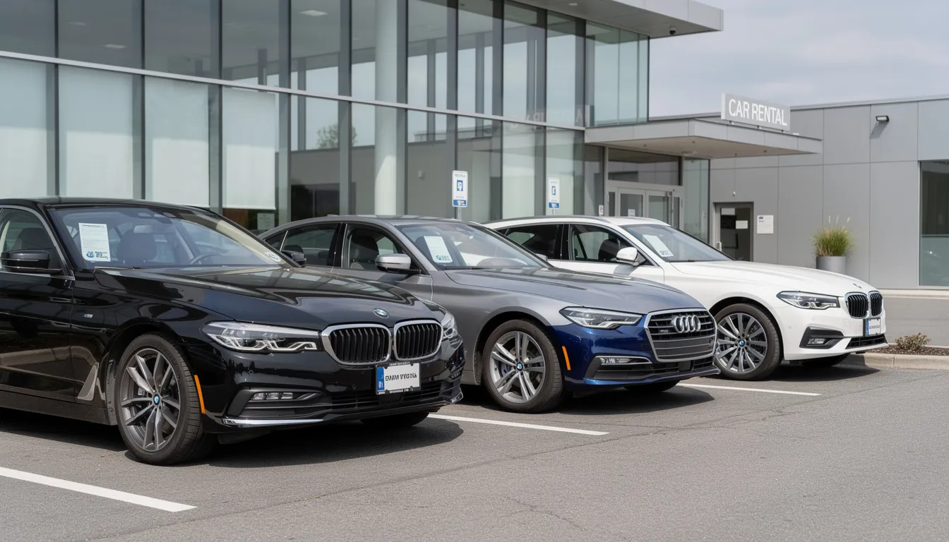 Une rangée de voitures allemandes haut de gamme est garée devant une agence de location de voitures Sixt en France, offrant aux clients une sélection de modèles premium tels que BMW et Audi. L'image met en avant la qualité et l'état impeccable de ces véhicules, témoignant du service client de l'entreprise.