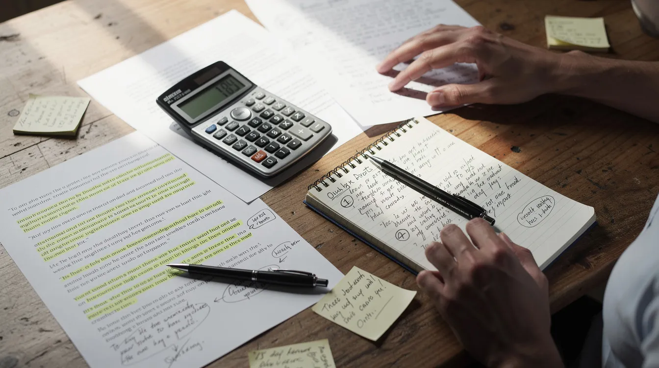 f8a9f8c2 bdbb 4f82 be04 fcf3b324d077 A person is focused on a wooden table, using a calculator while surrounded by printed quotations and handwritten notes, likely preparing a detailed project report for a mudra loan. The scene reflects the financial calculations and planning involved in developing a business plan or project report for potential bank loans.