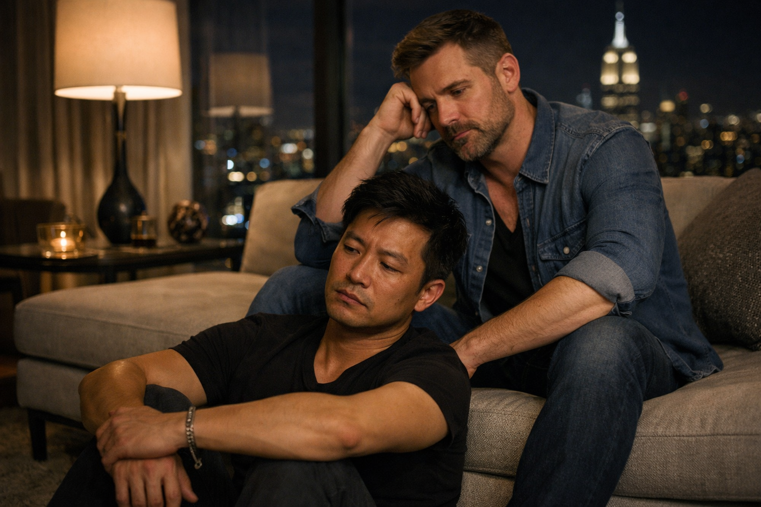 Affluent gay male couple in a luxury Manhattan high-rise living room, one man seated on the floor leaning against the sofa while his partner sits above him, both deep in thought, reflecting the aftermath of infidelity.