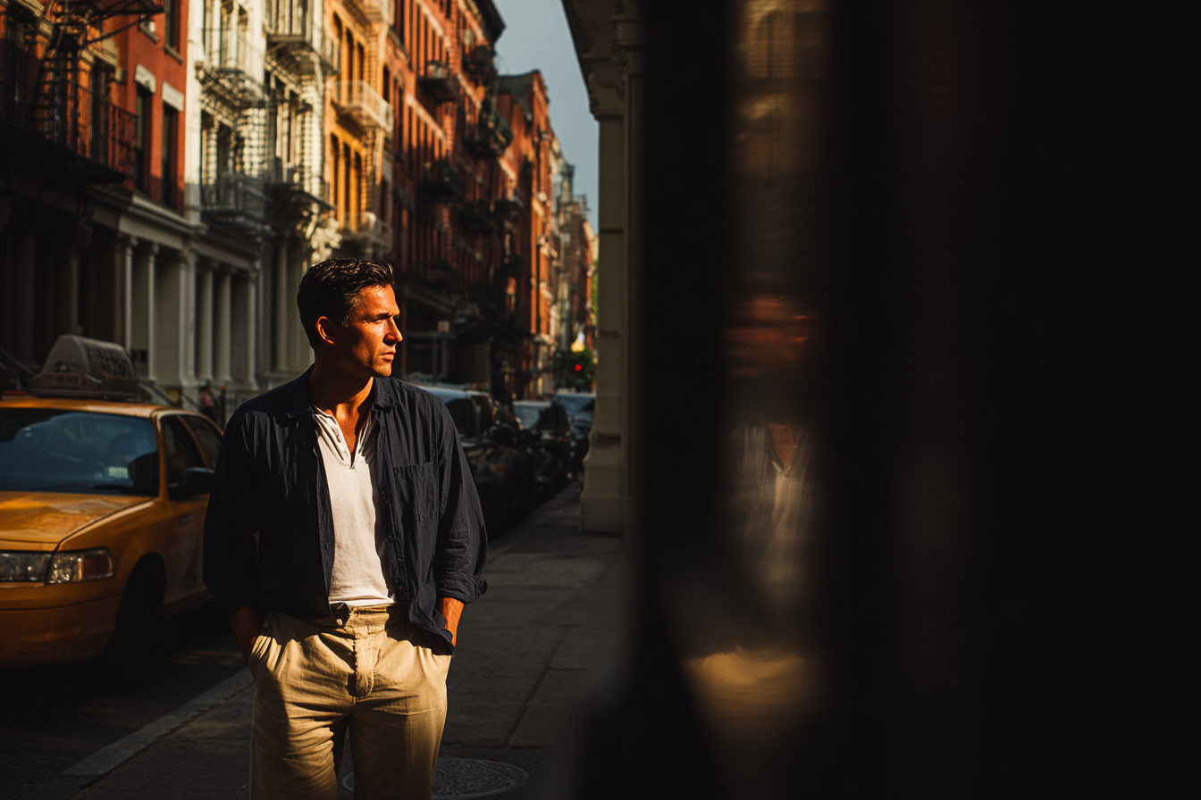 A man in his thirties walking on a quiet Manhattan side street in late afternoon golden light.
