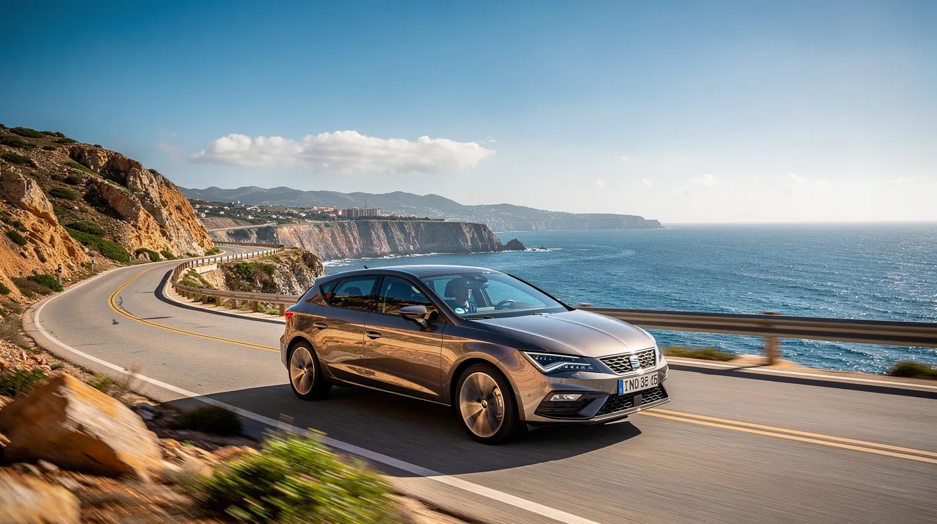 A SEAT Leon is driving along a sunny coastal road, with a clear blue sky in the background, showcasing the vehicle's fuel efficiency while enjoying a pleasant summer drive. The scene emphasizes the importance of maintaining steady speed and efficient driving habits to improve fuel economy during hot weather.